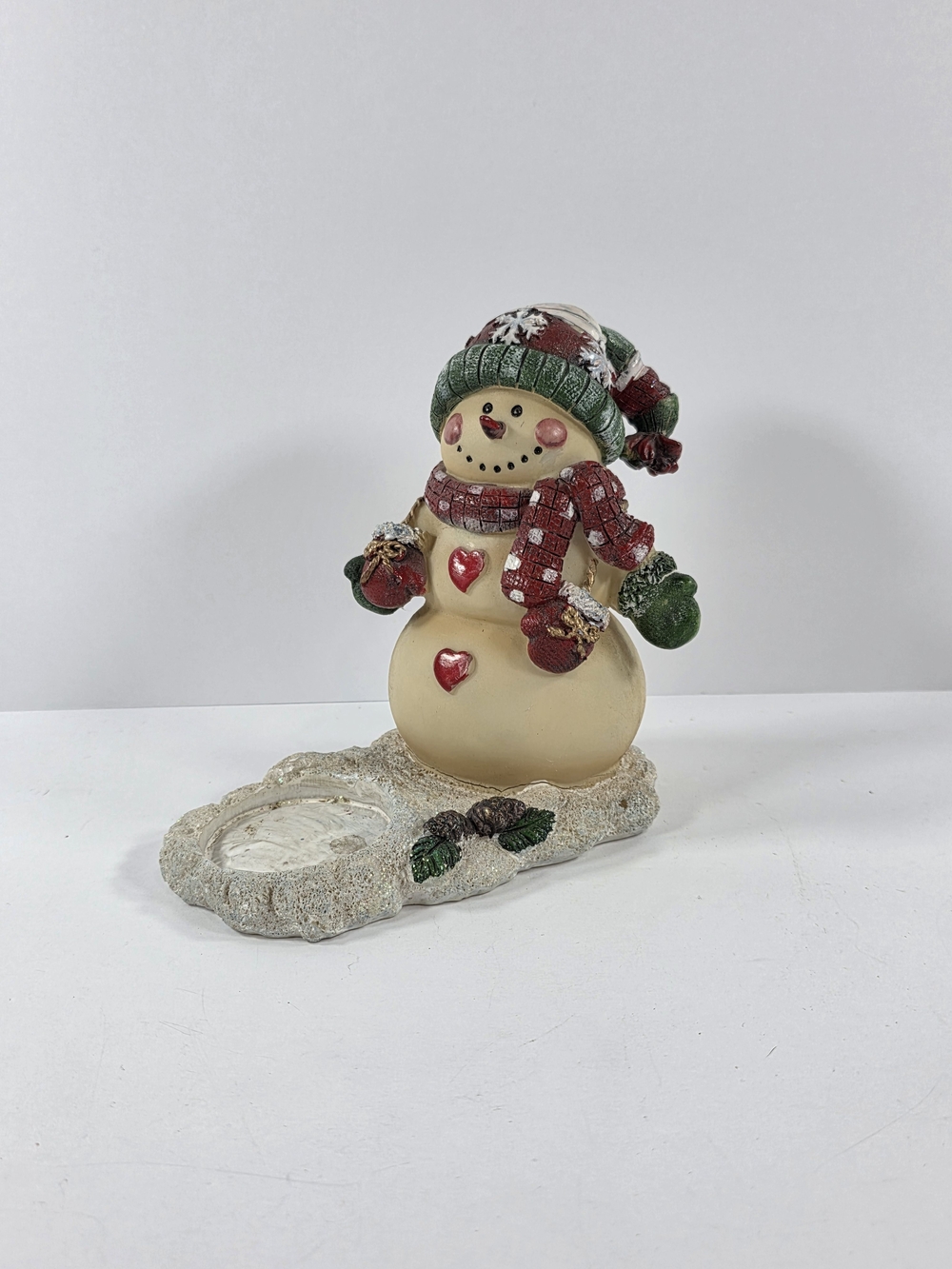 Festive Cream Snowman Tea Light Holder with Red & Green Accents